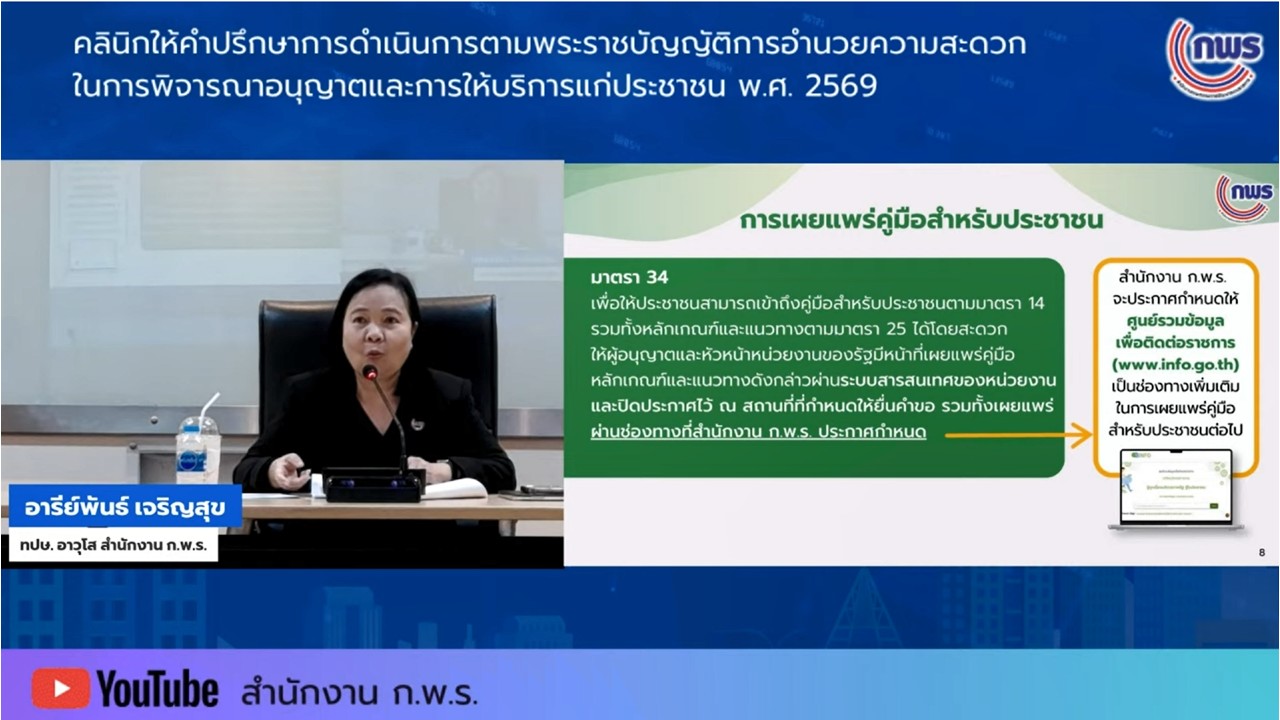 title - เข้าร่วมรับฟังในกิจกรรมคลินิกให้คำปรึกษา ในเรื่องเกี่ยวกับพระราชบัญญัติการอำนวยความสะดวกในการพิจารณาอนุญาตและการให้บริการแก่ประชาชน พ.ศ.&nbsp;2569 ครั้งที่&nbsp;5 ผ่านสื่ออิเล็กทรอนิกส์ (ผ่านระบบออนไลน์&nbsp;YouTube Live สำนักงาน ก.พ.ร.) 